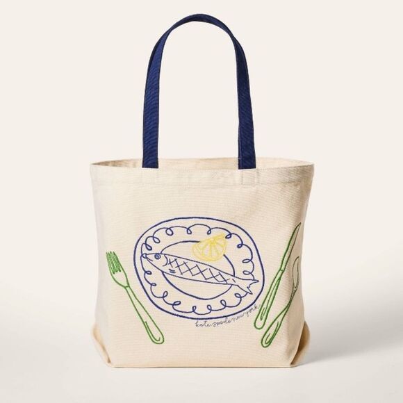 kate spade x Target Natural Navy Blue Green Fish Embroidered Canvas Tote - Picture 1 of 12